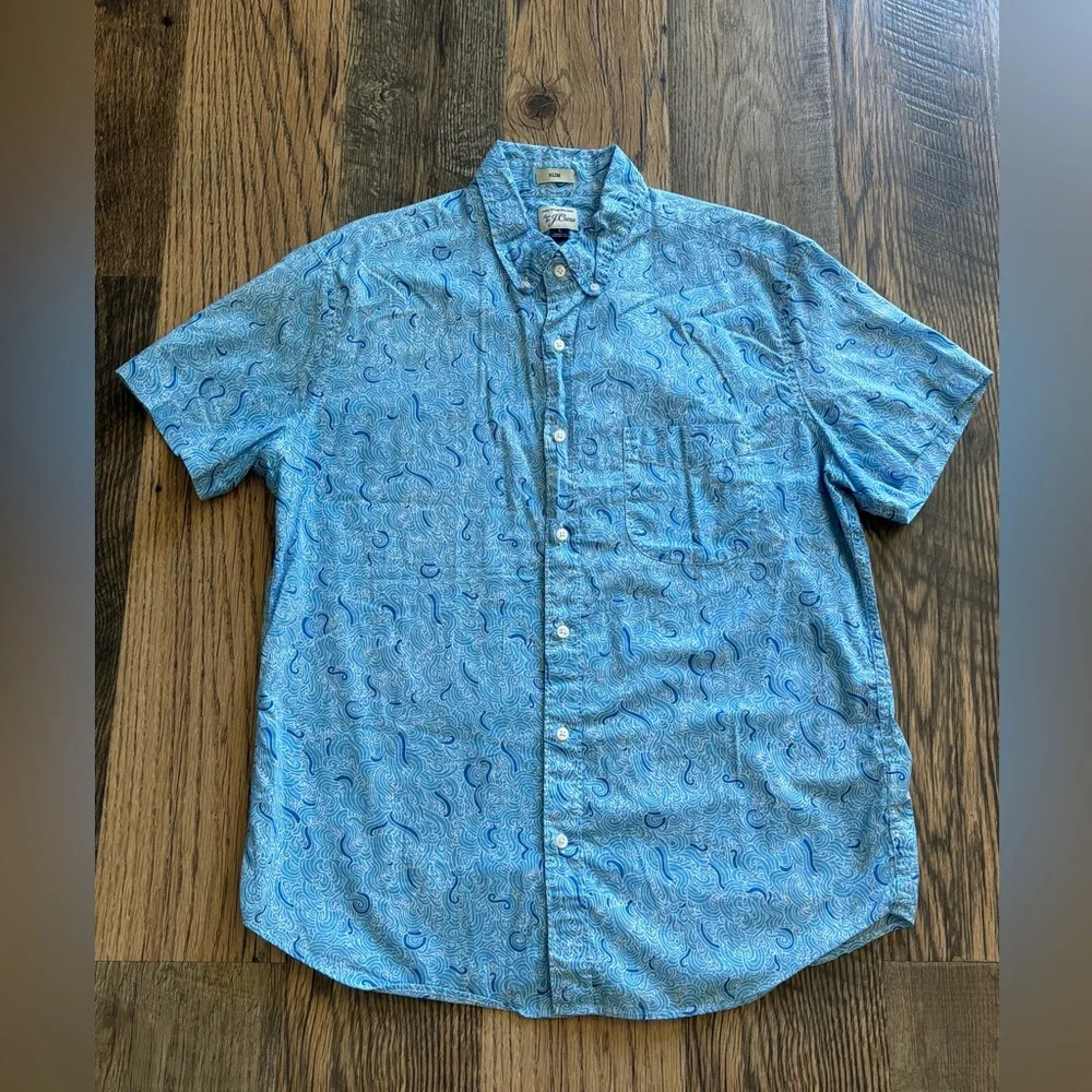 J. Crew Slim Large Blue White Pattern Short Sleeve Cotton Pocket Button Shirt - Picture 1 of 10